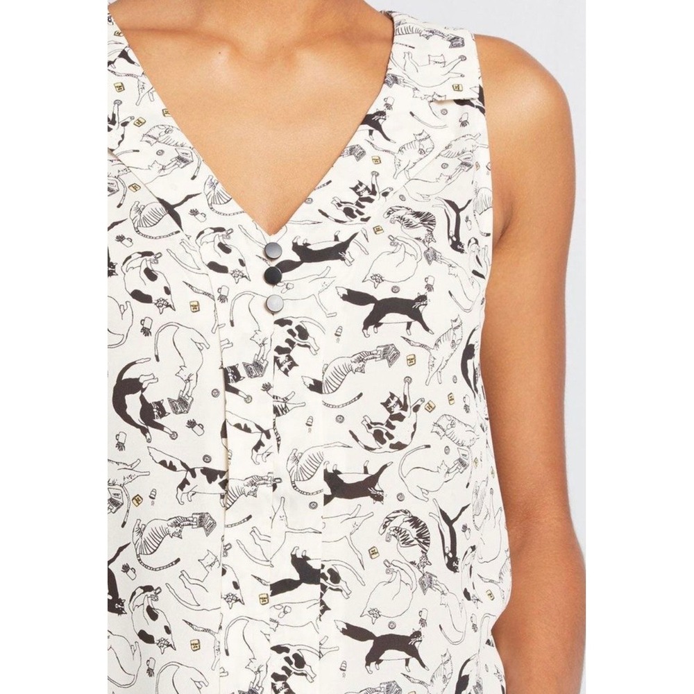 ModCloth Sleeveless Cat Print Blouse White Black Button Front Top Size XL